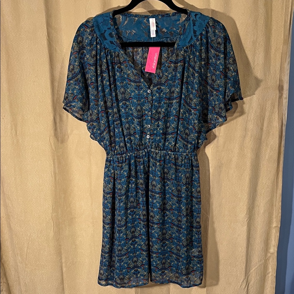 Xhilaration Blue Paisley Button-Front Short Dress